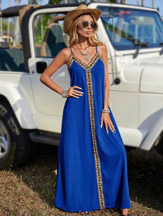 Maxi Vestido Boho-Chic Azul con Bordado Tribal